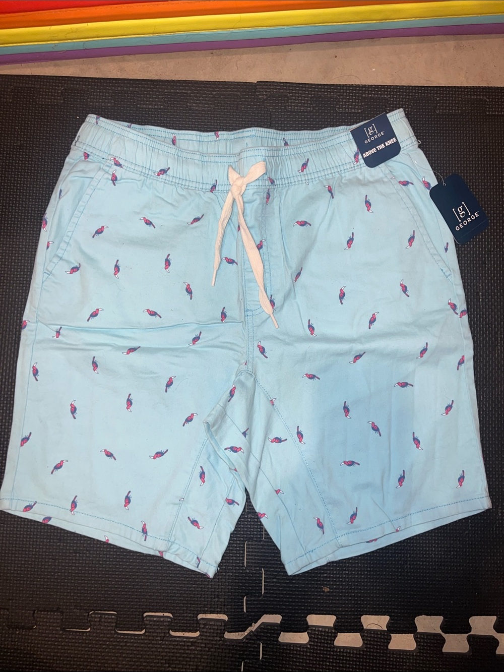 George Light Blue Swim Trunks with Pink Palm Motif